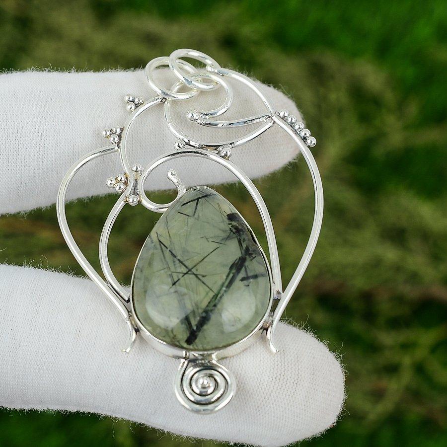 Sterling Silver Pear Moss Prehnite Gemstone Wife Handmade Handcrafted Pendant