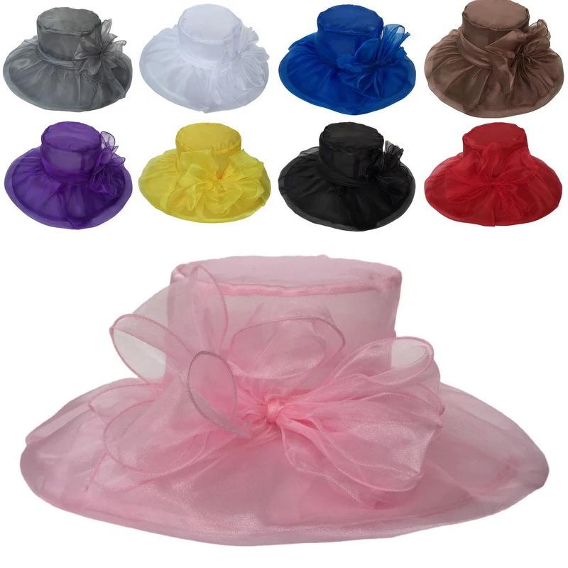 Fashion for Women Summer Organza Sun Hats Large Brimmed Elegant Ladies Beach Hat Foldable Anti Ultraviolet Church Bow Bucket Cap