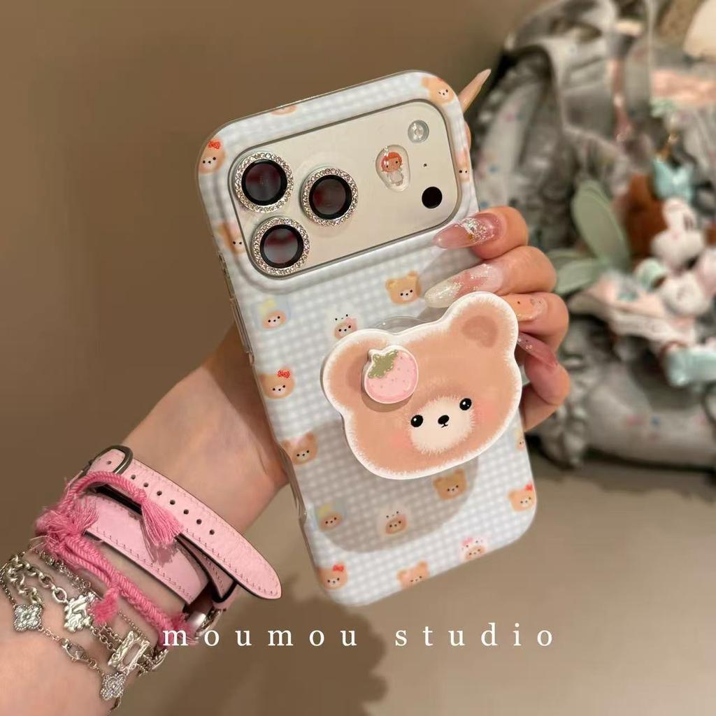 Ins Korean Blue Plaid Bear for iPhone17promax Apple 16 Mobile Phone Case 15pm Explosion 17
