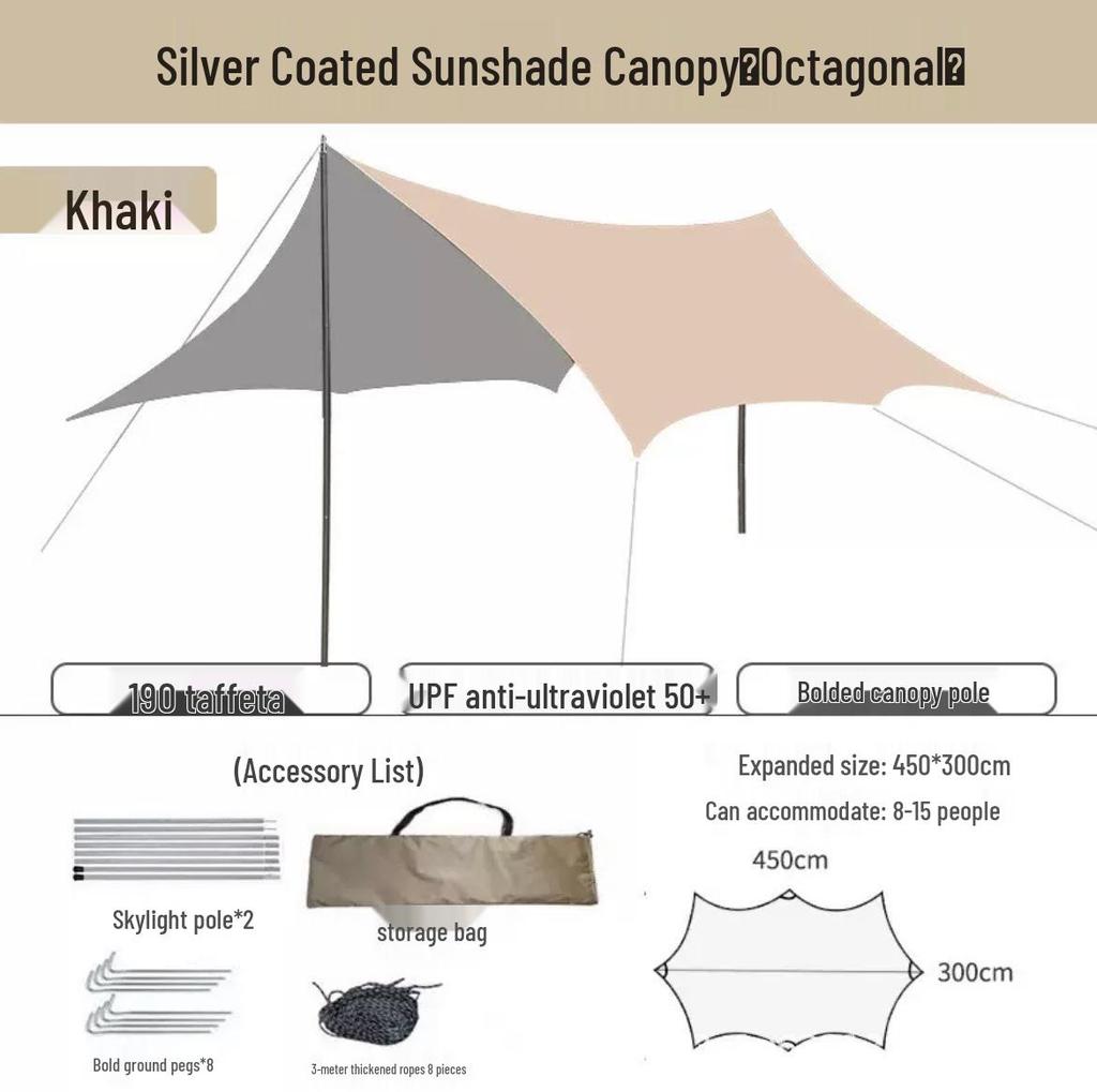 Forest Bee Outdoor Black Vinyl Camping Tent with Rainproof Sun Protection, Hexagonal/Octagonal Butterfly Design, Silver Coated.
