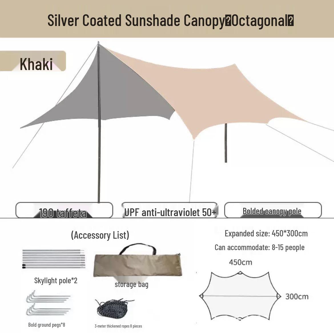 

Палатка для кемпинга Forest Bee Outdoor из черного винила, с защитой от дождя и солнца, шестиугольная/восьмиугольная конструкция «бабочка», с серебряным покрытием. 3m x 3m