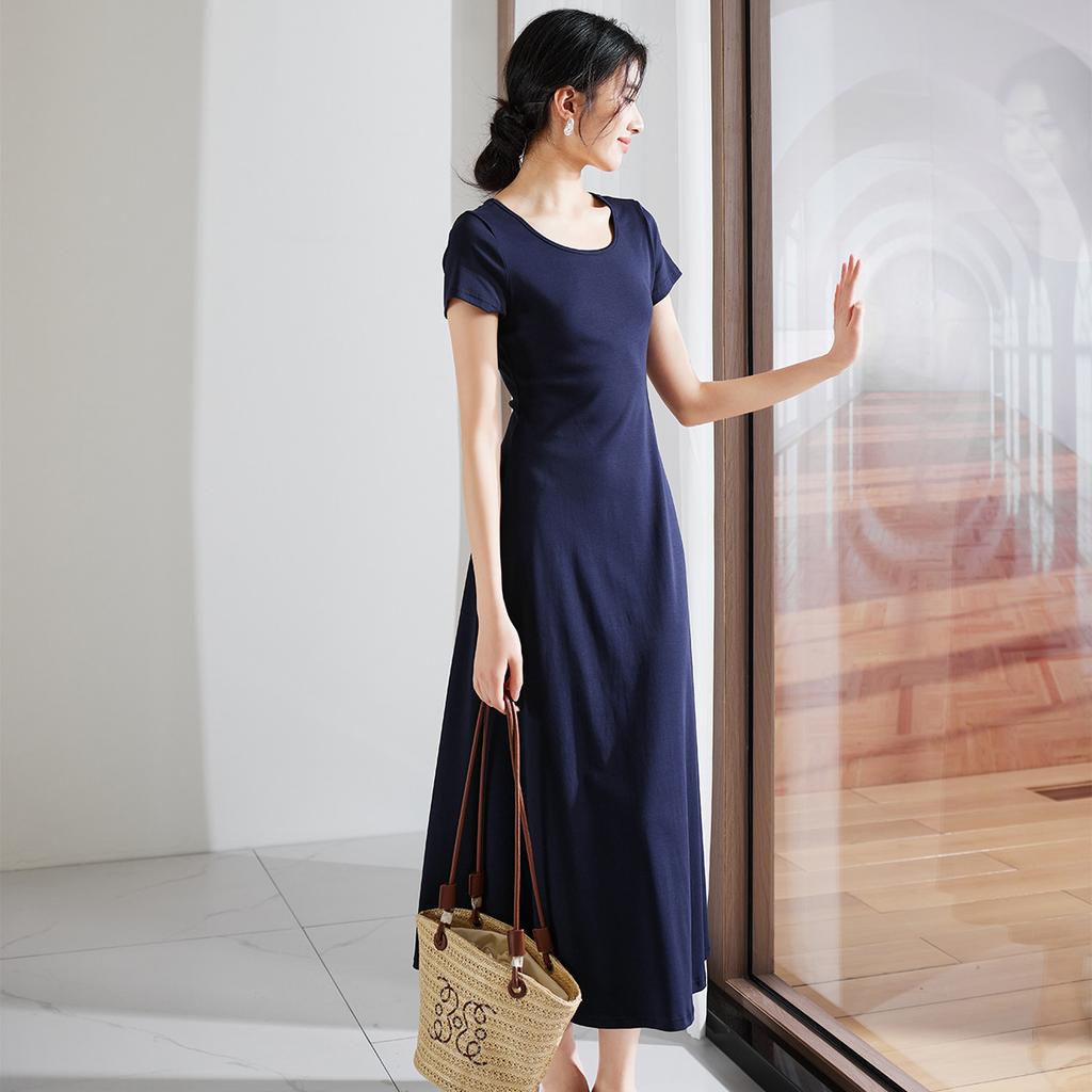 Waist slimming round neck short sleeved t-shirt dress for 2026 summer thin, fashionable and versatile casual mid to long length dress