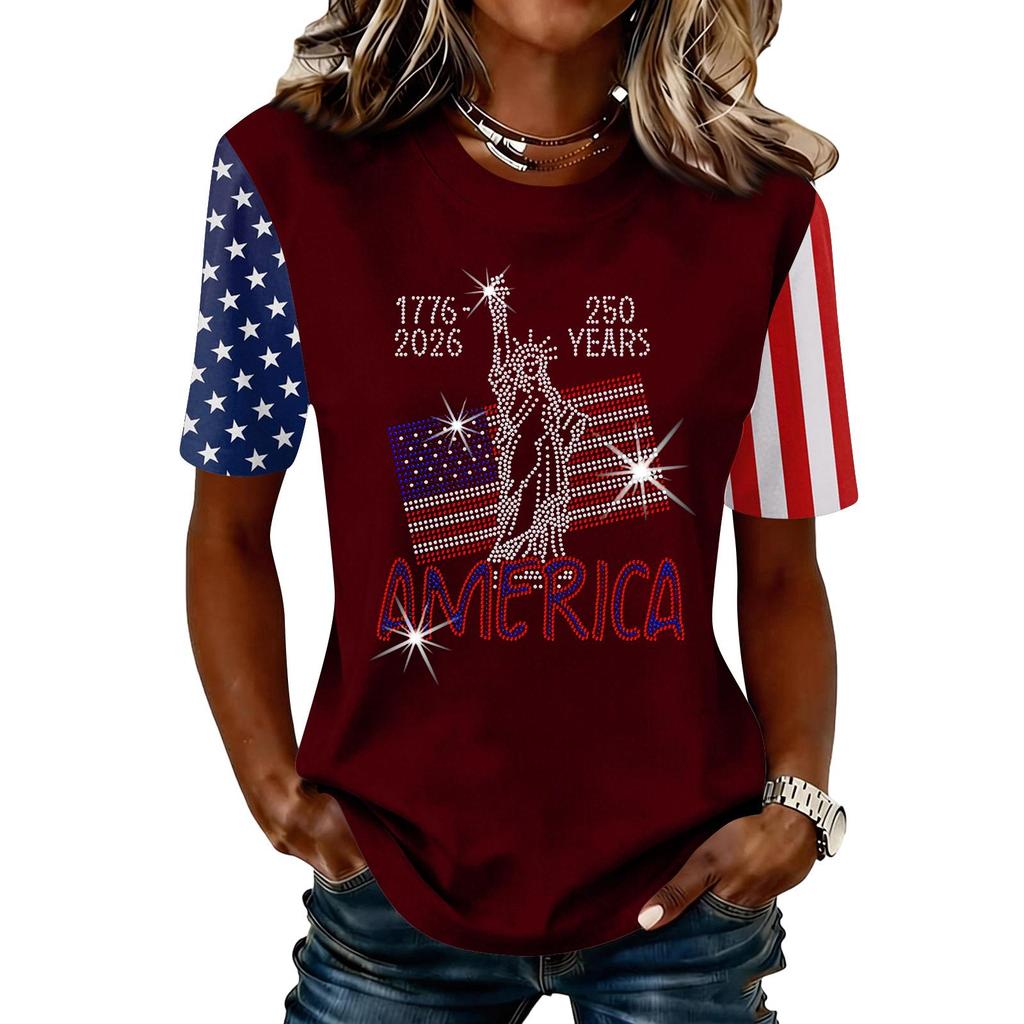 Blusa Feminina da Moda Casual de Manga Curta com Estampa e Gola Redonda