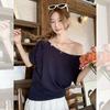 Korean slanted shoulder off-shoulder heavy industry bead short-sleeved T-shirt women's summer new design loose niche top