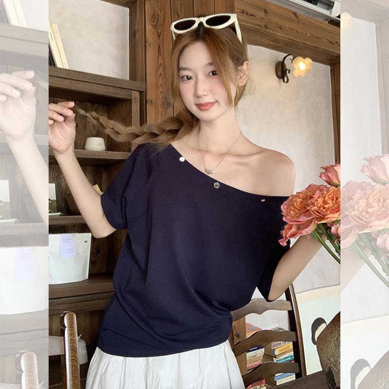Korean slanted shoulder off-shoulder heavy industry bead short-sleeved T-shirt women's summer new design loose niche top