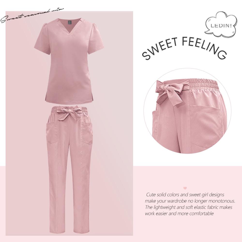 Surgical Uniforms Woman Fashion Bow Belt Nursing Scrubs Set Medical Uniform Top Pants Hospital Clinical Suits Beauty Spa Clothes