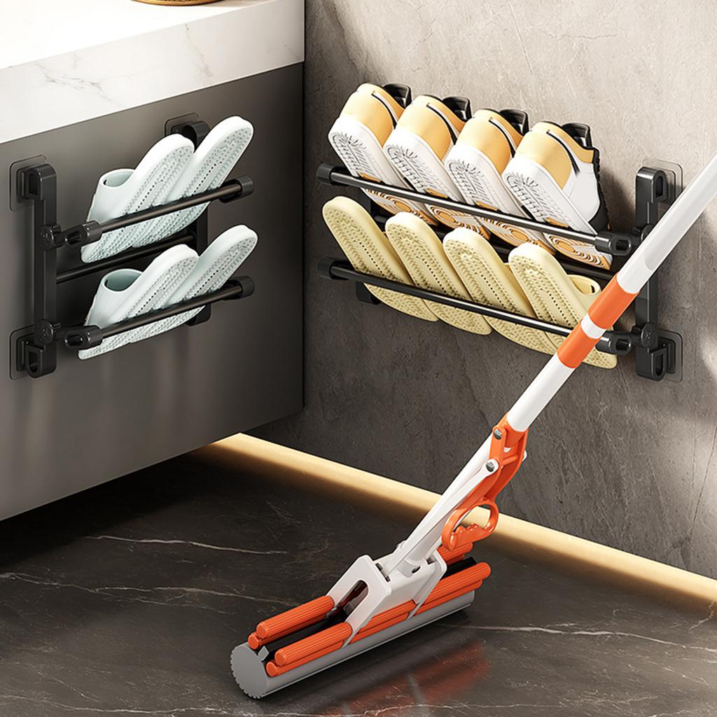 Wall Mounted Folding Shoe Rack 2 Tiers Space Saving Designs for Bathroom and Entryway Without Drilling Required