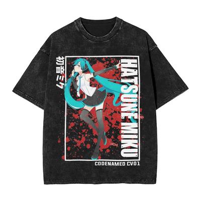 Hatsune Miku Logo Accessoires Gewaschenes T-Shirt Herren Damen Streetwear Hip Hop T-Shirt Bedruckte T-Shirts Oberteile Kurzarm
