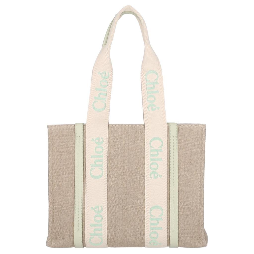 Chloe Woody Classic Logo Linen And Leather Tote Bag Women Tote Beige C23AS383L1738A