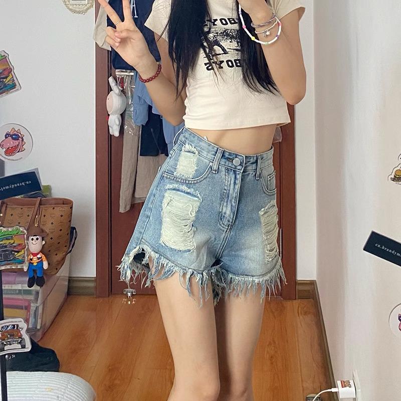 High-Waisted Ripped Vintage Wash A-Line Shorts for Women - Summer 2025 Collection