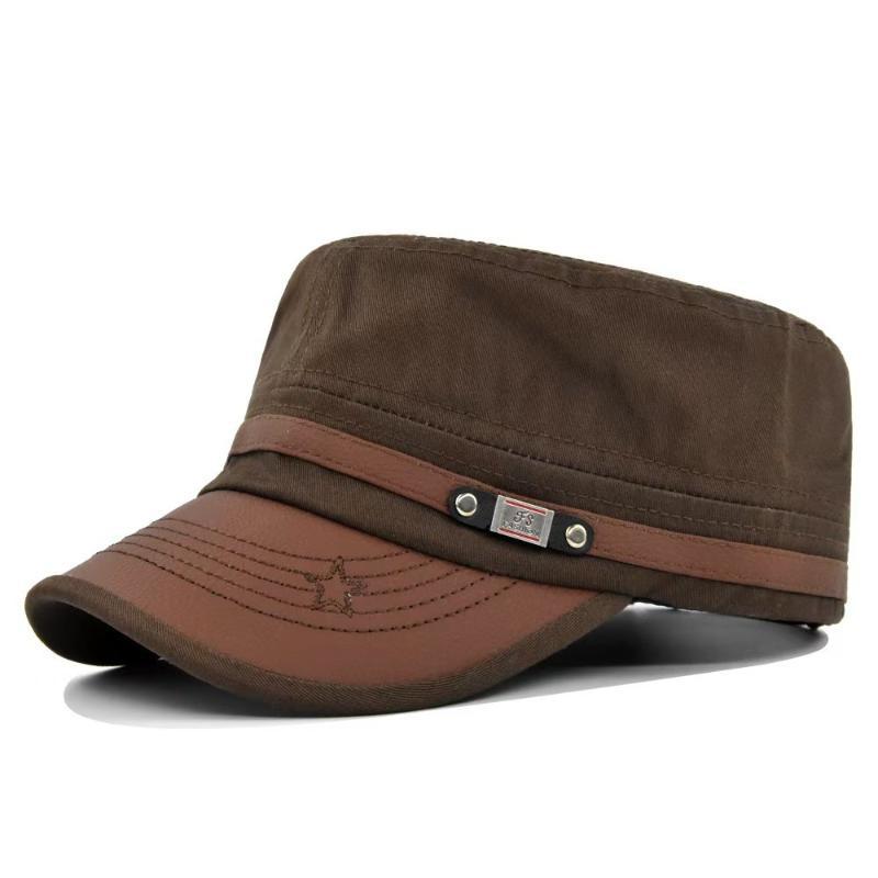 1Pcs Spring Summer Adjustable Men Military Cadet Cap Cotton Star Embroidery Flat Top Hat Sun Protection Hats For Outdoor Travel