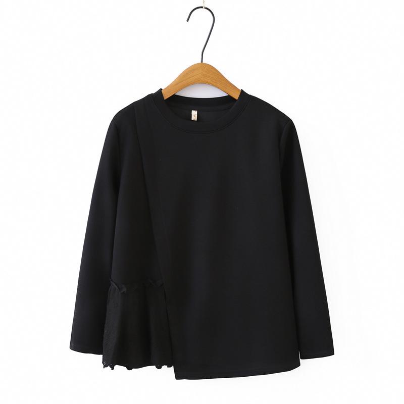 Spring 2026 Plus Size Women s Long Sleeve Lace Patchwork Cotton T-shirt XL чёрный