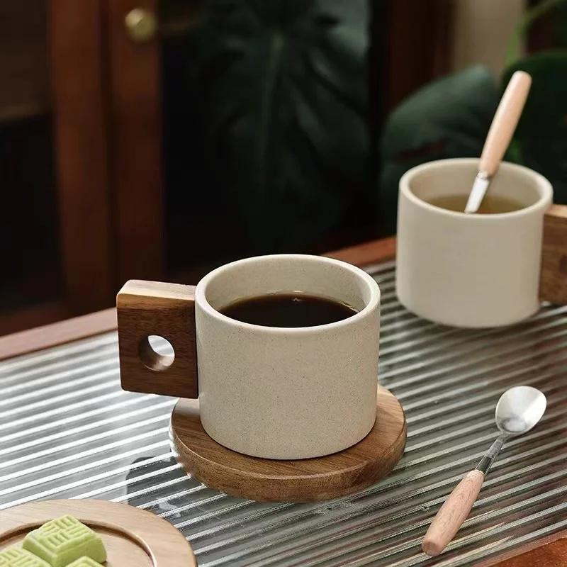 300ml Antique Ceramic Tea Cup with Tray Vintage Wooden Handle Coffee Cup Home Office Mug Birthday Gift Breakfast Mug Home Decor