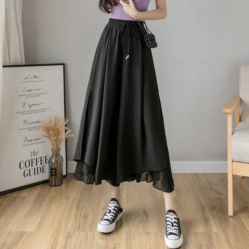 Chiffon High-Waisted Black Wide-Leg Cropped Pants for Women - Korean Style, Loose Fit, Slimming. S recommended 85-95 kg