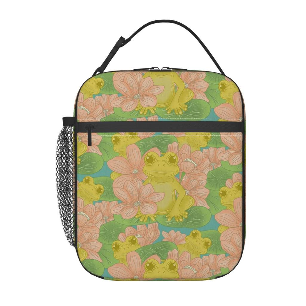 Cartoon Niedliches Froschmuster auf Lotusblättern Isolierte Lunchtasche für Damen Kinder Auslaufsichere Lebensmittelboxen Thermische Lunchbox Tragetasche