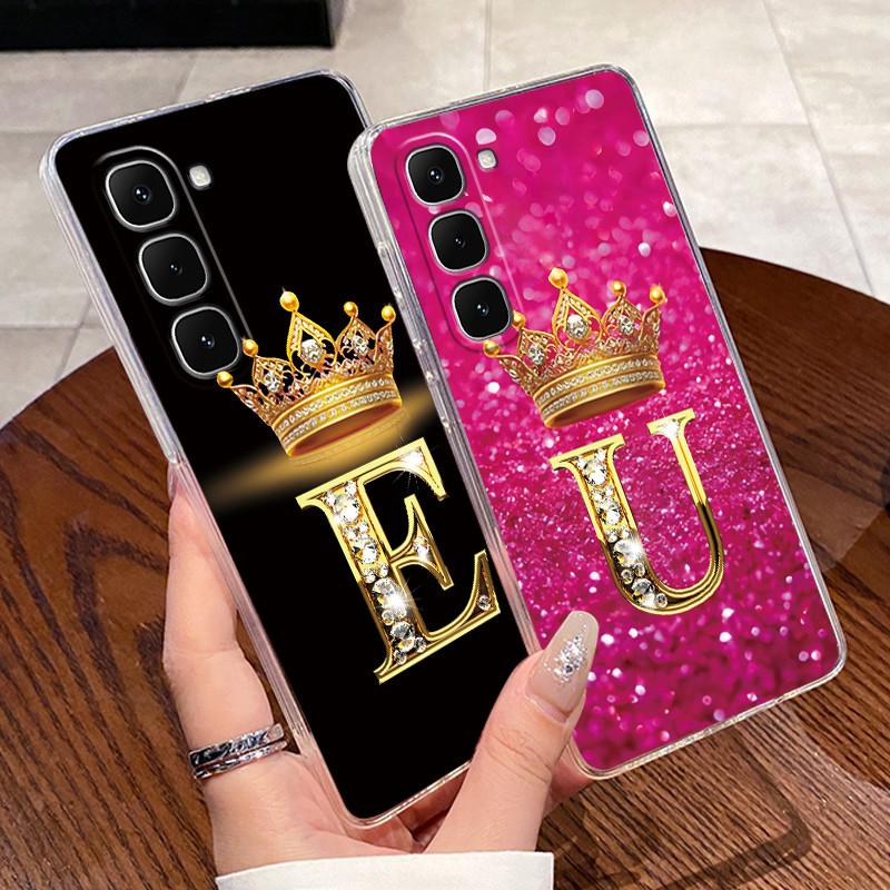Phone Case For Infinix Hot 70 Bumper Transparent TPU Shockproof Soft Casing Luxury Initial Letter With Crown Couple Shell