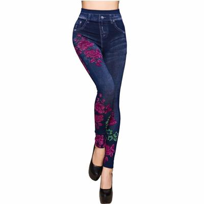 Leggings jeans slim in finto denim estivo da donna con stampa peonia Pantaloni fitness taglie forti