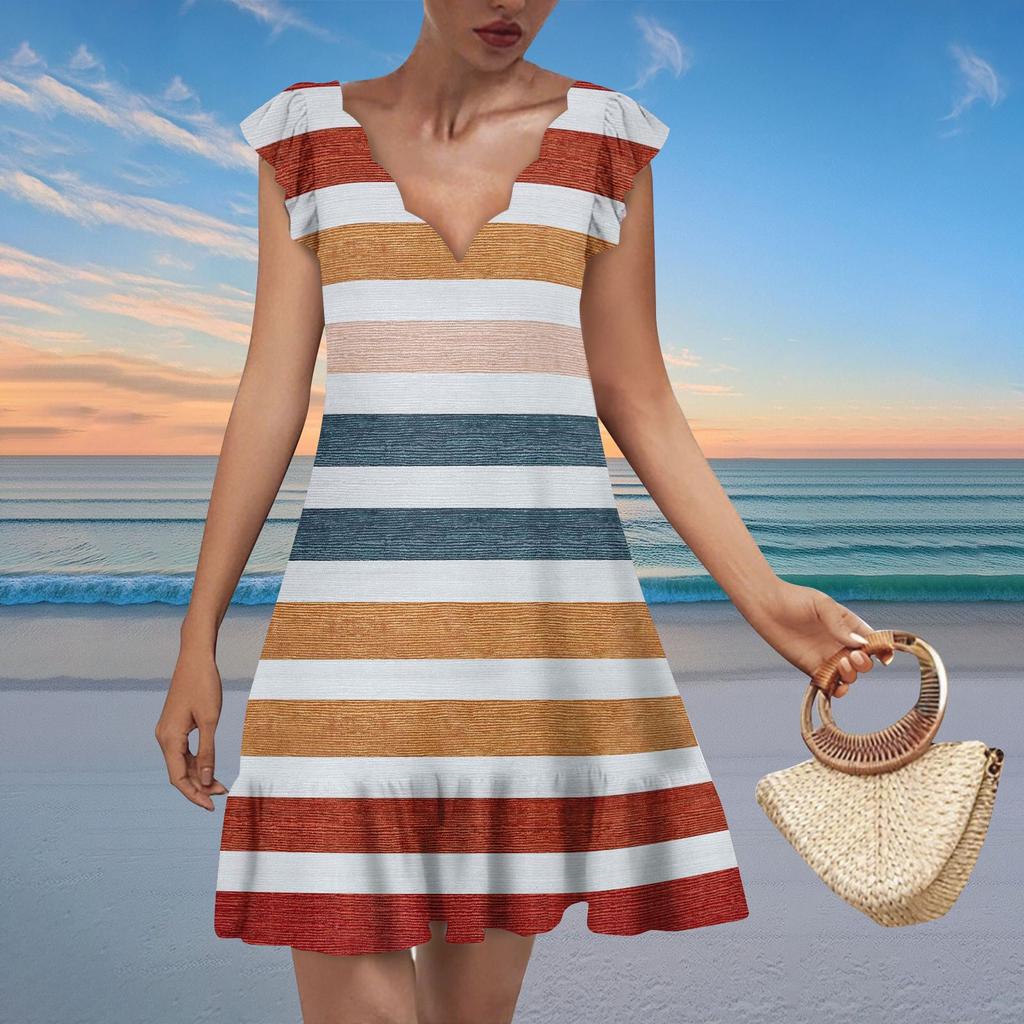 Women's Fashion Casual V Neck Wavy Edge Striped Plaid Print Short Sleeve Dress
