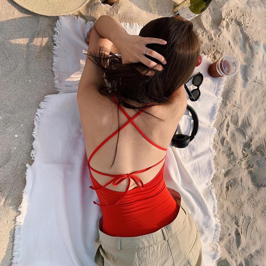 Women s Sexy Cross Backless Red One-Piece Swimsuit for Beach and Pool Small