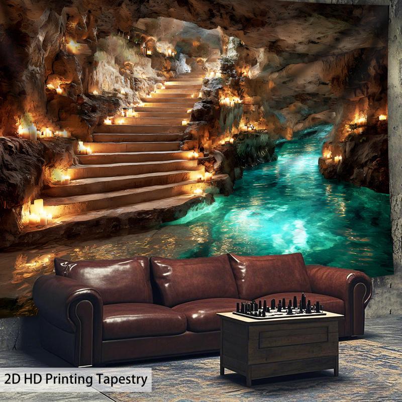 VIKAMA Mysterious Cave Waterfall Tapestry Fantasy Wall Hanging Decoration Living Room Bedroom Meditation Space Decoration