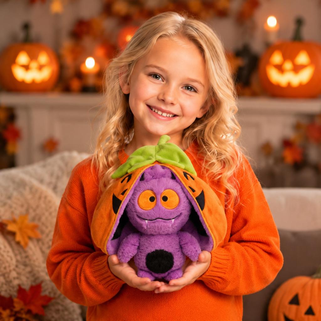 Halloween Pumpkin Plush Toy with Zipper Storage Soft Stuffed Animal Doll Halloween Decoration Gift for Kids and Adults