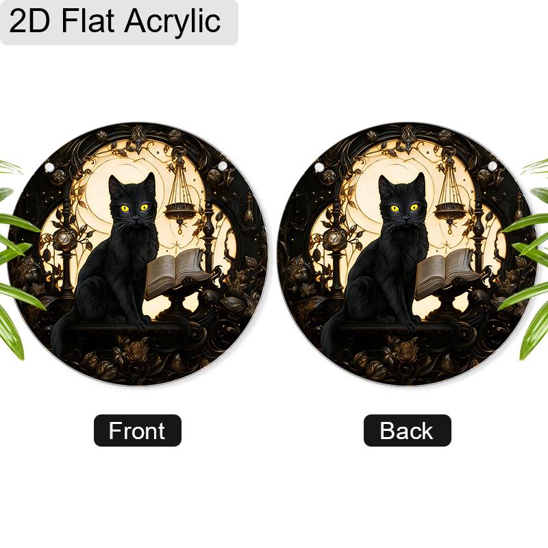 Acrylic Gothic Black Cat with Book, Scale and Moon Suncatcher, Stained Glass Effect Window Hanging Ornament for Witchy & Dark Academia Lover Gifts