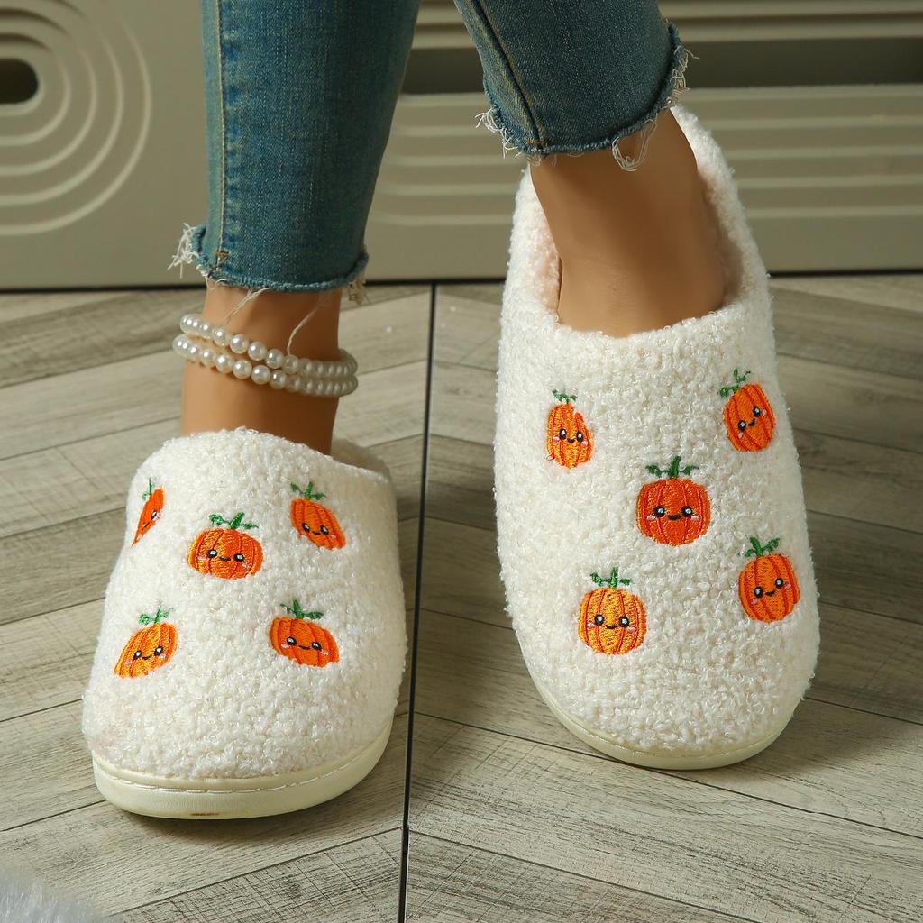 Halloween Pumpkin Cartoon Winter Slippers for Couples - Cozy Cotton with Thick Non-Slip Soles for Men and Women