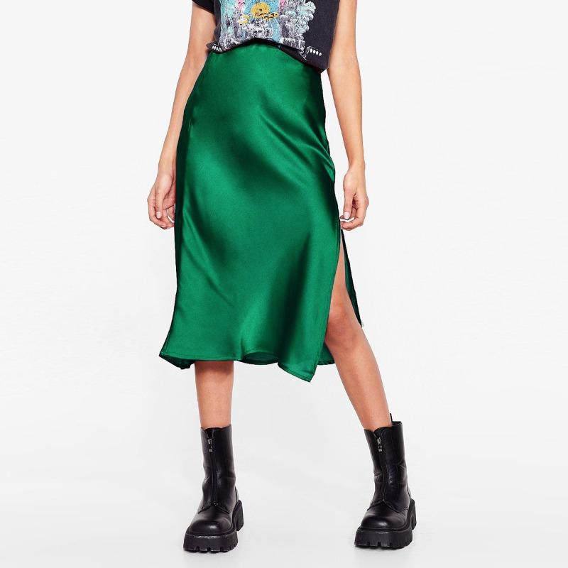 Атласная эластичная юбка-бюстье средней длины с высокой талией и разрезом XL коричневый — фото 4