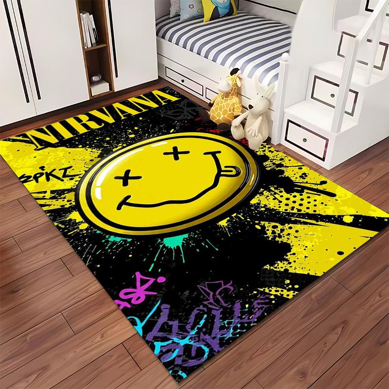 Nirvana Smiley Face Graffiti Style Carpet, Yellow and Black Design Suitable for Use As an Anti-slip for Living Room Bedroom Sofas