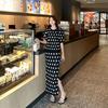 Korean Chic Summer Vintage Temperament Round Neck Polka Dot Short-sleeved Knitted Sweater + High Waist Hip Skirt Two-piece Set