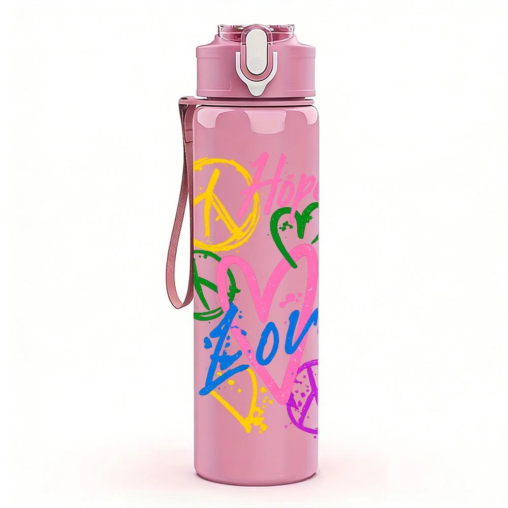 1PC Hope Love Peace Colorful Letter Print 750ml Color Plastic Sports Water Bottle Leakproof Flip Straw Lid Suitable for Sports Office Home Use