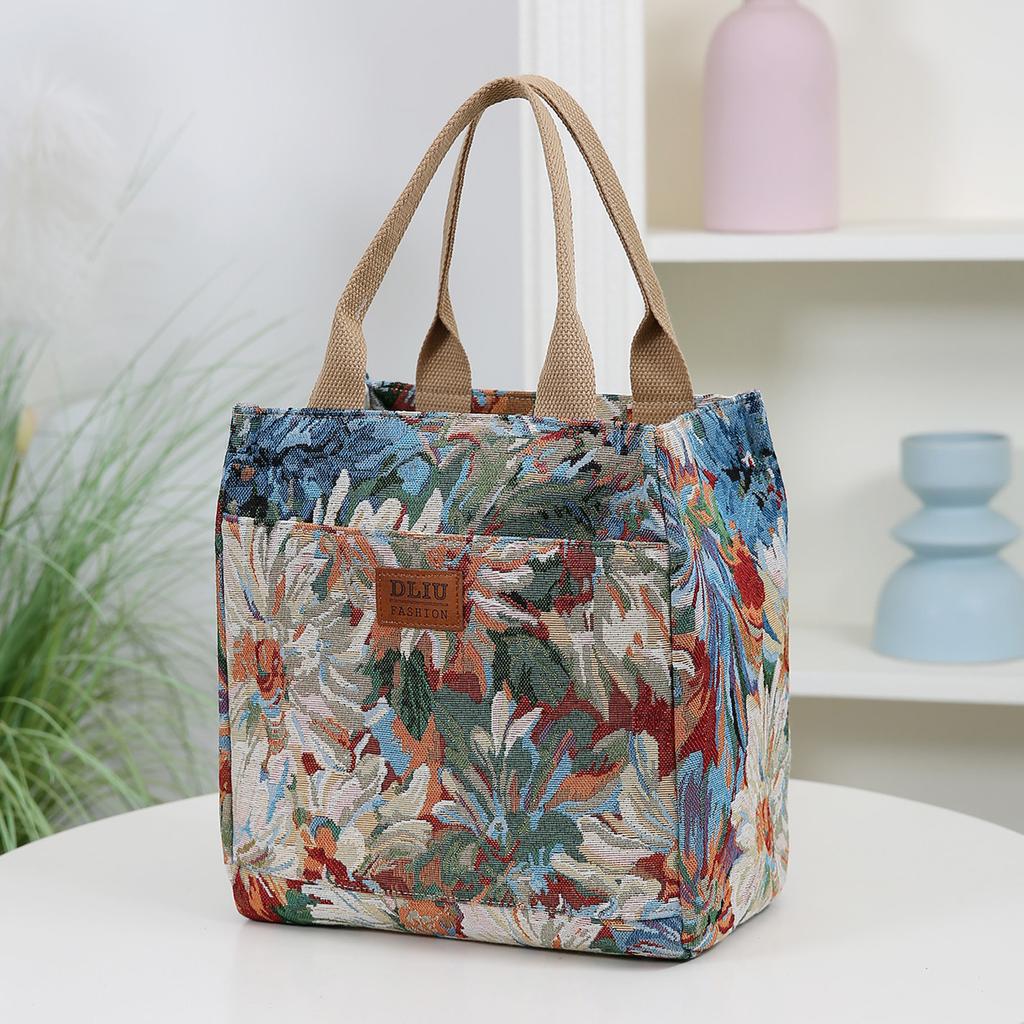 Thick Fabric with Floral Pattern, Handbag, Lunch Bag, Lunch Box Storage Bag, Portable Shopping Bag, Everyday Miscellaneous Bag