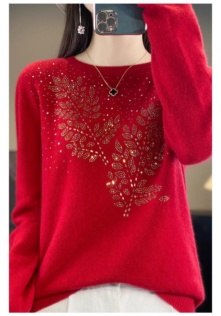 2024 Women's Zodiac Red Wool Sweater - Long Sleeve, Round Neck, Half High Neck