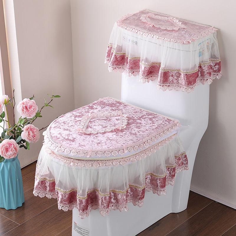 3-teiliges Toilettensitzset aus Stoff mit Spitze, dreiteiliger Toilettensitzbezug aus goldenem Samt, U-förmiger Toilettendeckel mit Reißverschluss und Toilettenständerring