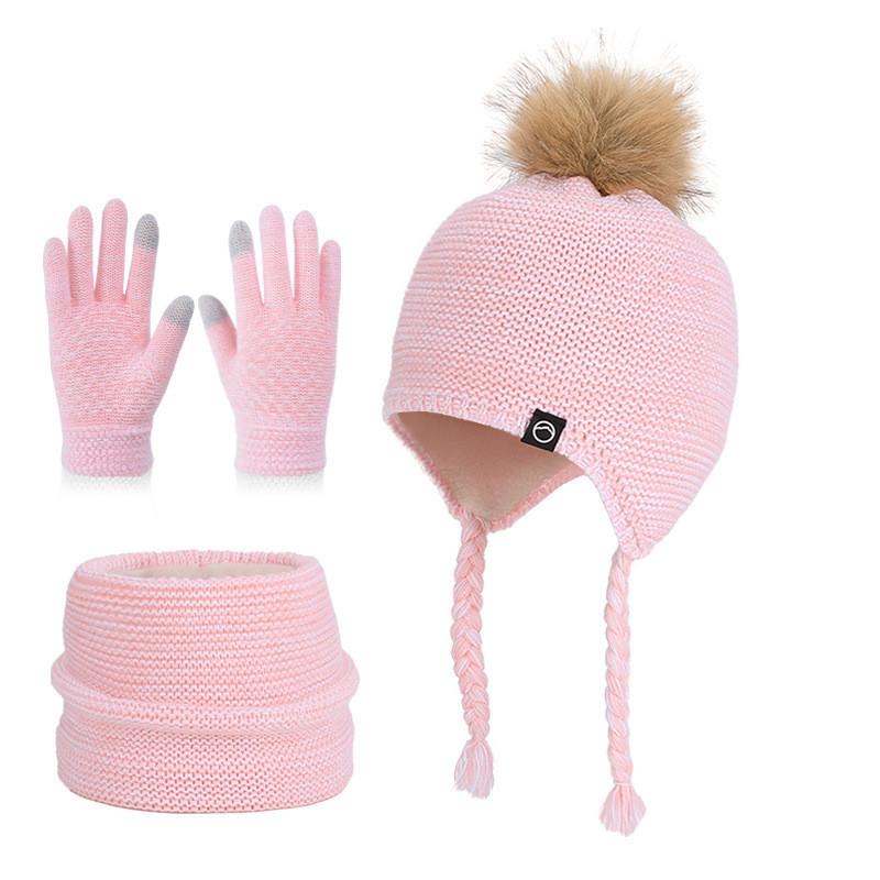 Childrens Knit Hat Scarf Gloves Set With Fleece Lining For Winter Outdoor Play