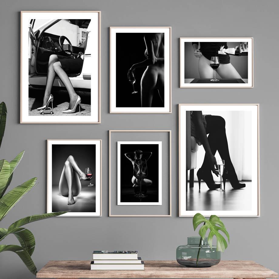 Black White Wine Glass Nude Woman Fashion Wall Art Canvas Painting Nordic Posters And Prints Wall Picture For Living Room Decor