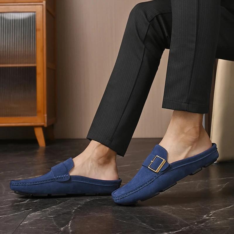2025 Men's Slippers Leather Casual Shoes Summer Flat Bottom Outdoor Non Slip Comfortable Luxury Trendy Set Wearing Half Slippers
