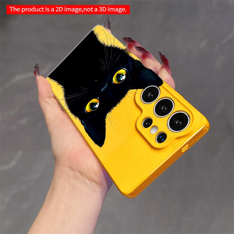 2DFlat Samsung phone case Black Cat with Golden Eyes on Yellow Background Applicable to Galaxy S23 S24 S25ULTRA S26 A12 A14 A15 A16 A54 A55