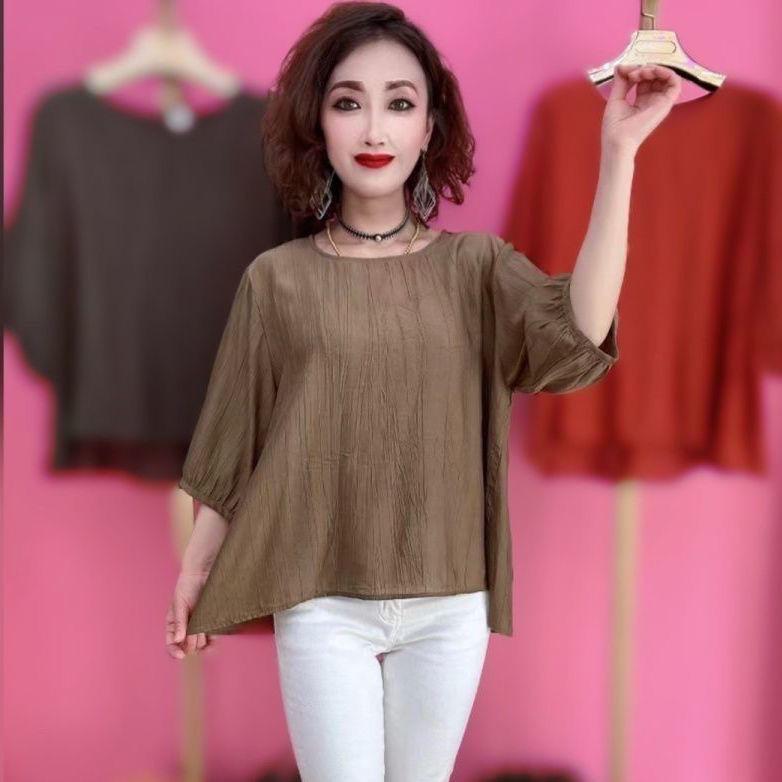 2024 Damen Tencel Baumwolle Leinen Mittellangärmelige Lockere Freizeitbluse mit Schlankmachender Bauchkontrolle für Mittelalte und Ältere