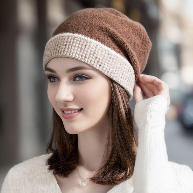 Inverno Cashmere Protezione Orecchie Caldo Cappello Lavorato a Maglia Colore a Contrasto Cappello a Pompon da Donna