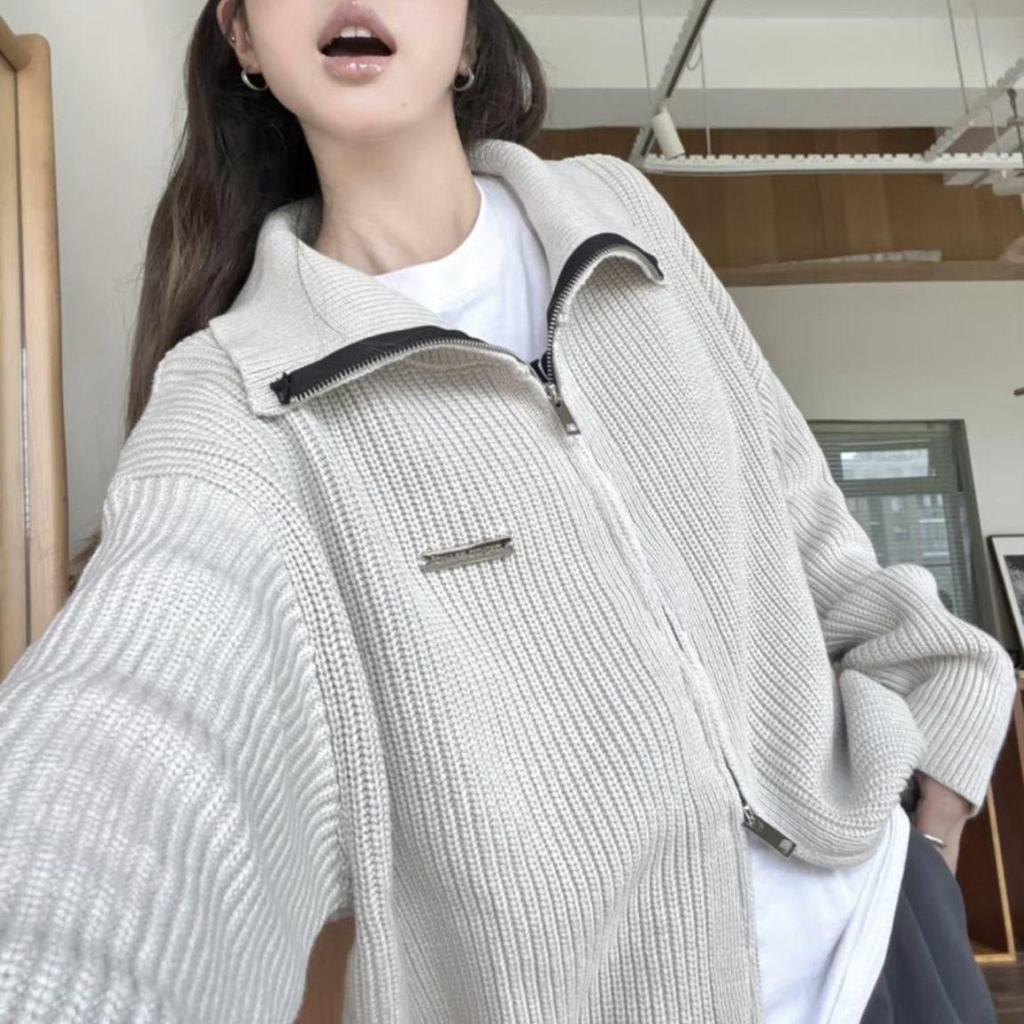 Double Zipper Knitted Cardigan: Retro Hong Kong Style Loose Slimming Women's Hoodie