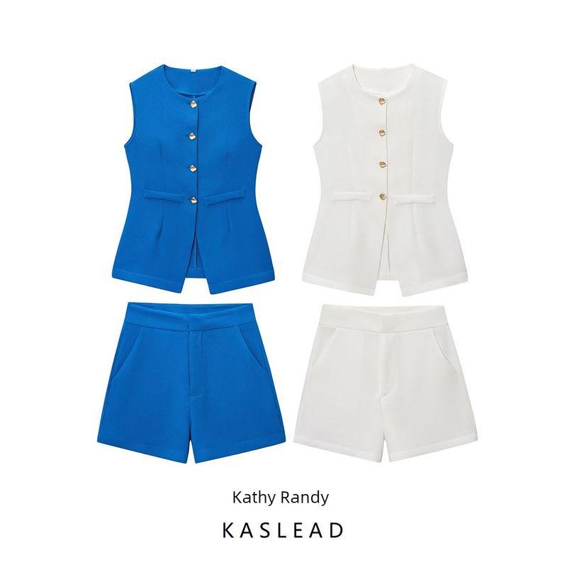 Kaslead New Arrival Women's Fashion Style Fashion Silm Button Decoration Sleeveless Vest Casual Shorts