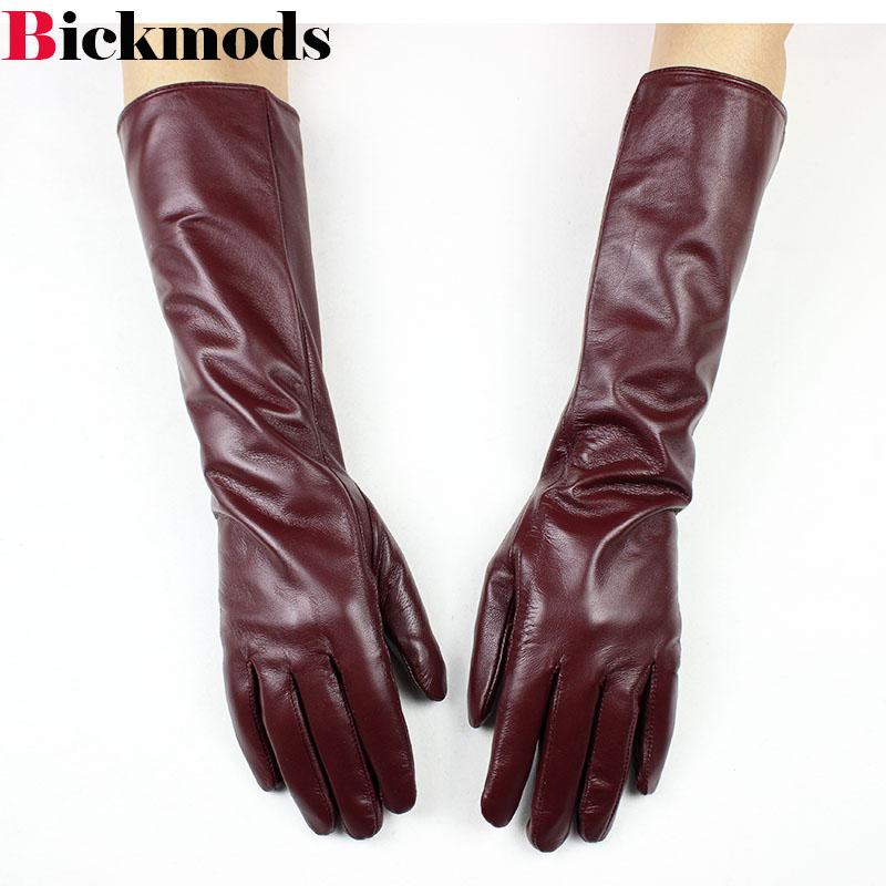 38 CM Long Sheepskin Gloves Women's Fashion Color Leather Finger Gloves With Velvet Lining to Keep Warm in Autumn and Winter