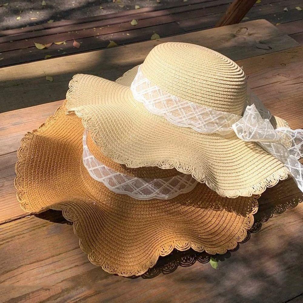 Big Brim Lace Straw Hat Spring Summer Women's Sun Hat Elegant Bow Ribbon Straw Hat  Lady