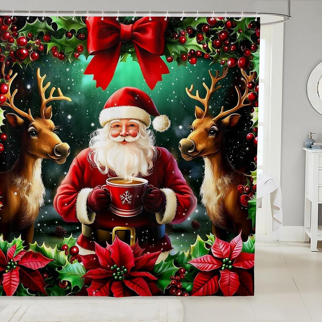 Christmas Happy Santa Claus Shower Curtain Red Xmas Decorations Fabric Shower Curtain,White Snowflake Bathroom Shower Curtain