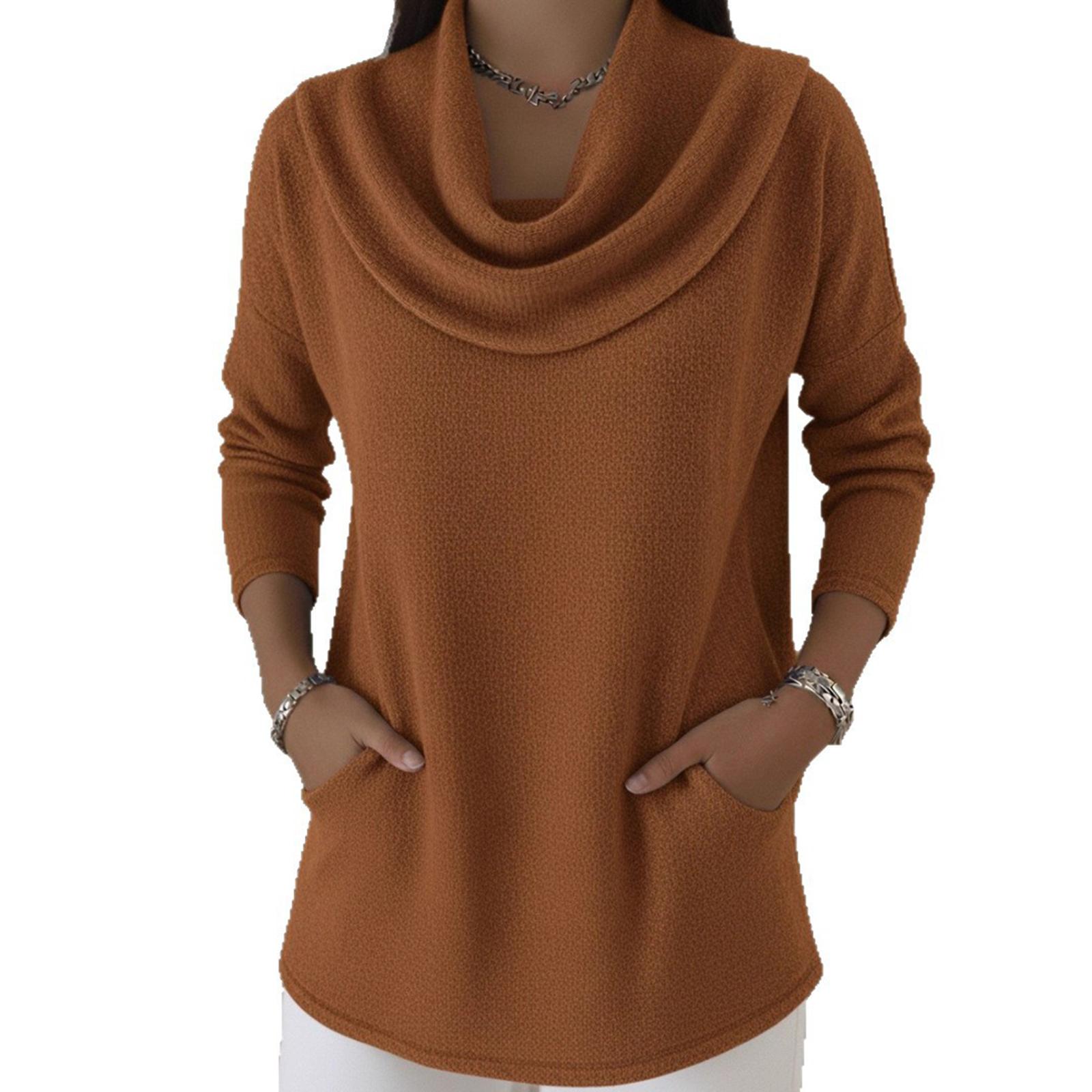 

Women s Solid Color Pile Neck Long Sleeve Casual Pocket Pullover Top XL коричневый