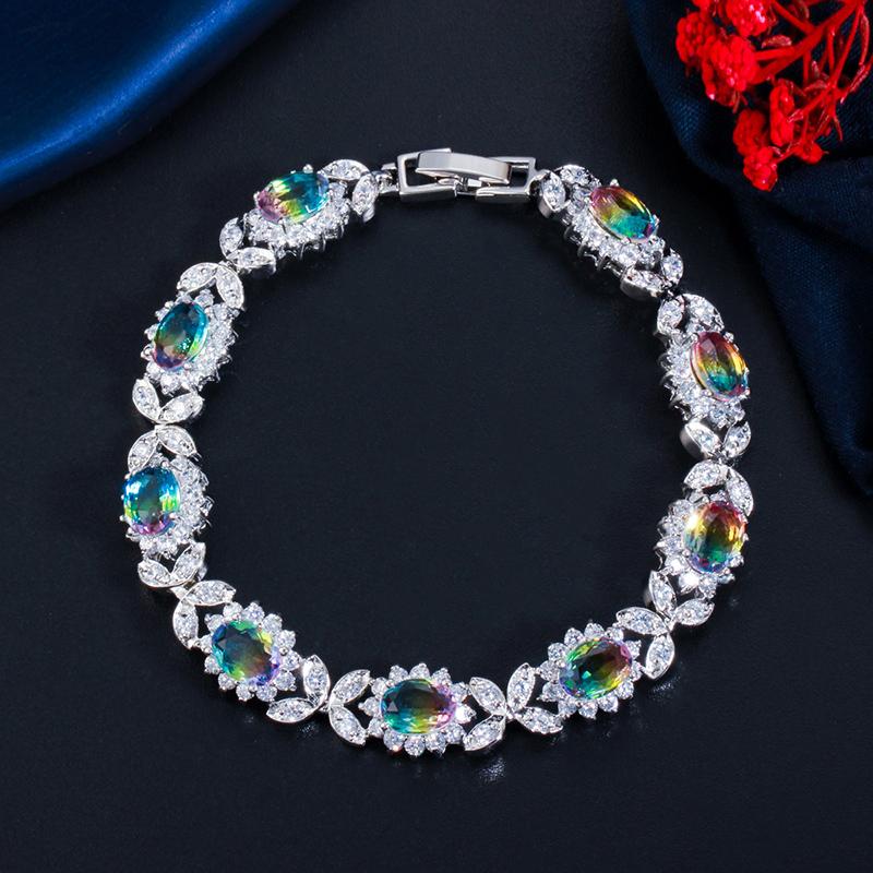 WWJ Rainbow Mystical Cubic Zirconia Leaf Design Tennis Bracelet for Women