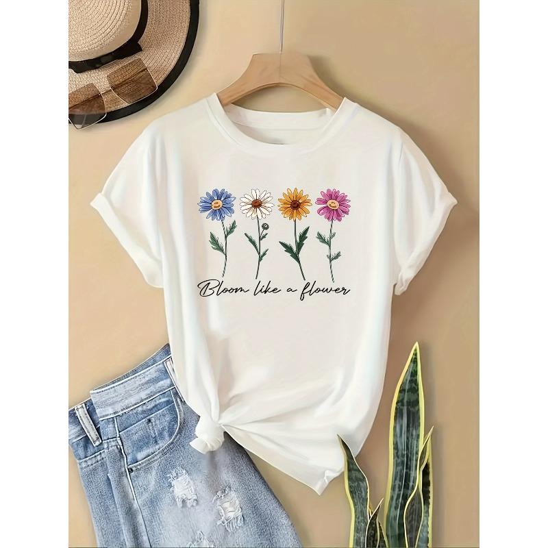 Womens Retro Floral Print Tee Bloom Like A Flower Quote Round Neck Short Sleeve Soft Stretch Nontransparent Machine Washable All Season
