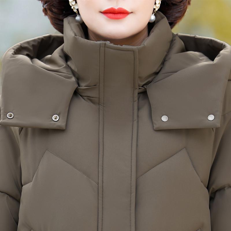 Dámské zimní kabáty středního věku s kapucí ve velkých velikostech svrchní oděvy volné elegantní dlouhé parky tlusté teplé dámské bundy