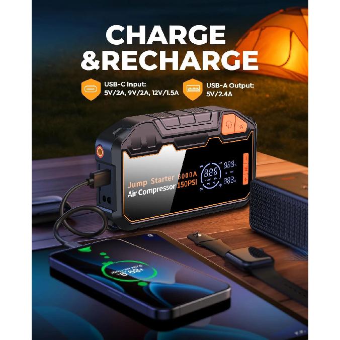 PAIVIROKU 6000A Car Battery Starter Booster & Tire Inflatable Compressor 150PSI Air Pump with Jump Starter Power Bank ,LED Light